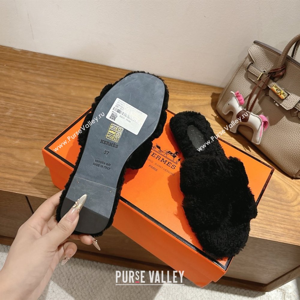 Hermes Oran Sandals in Shearling Wool H101606 Black 2025 (XC-25101606)