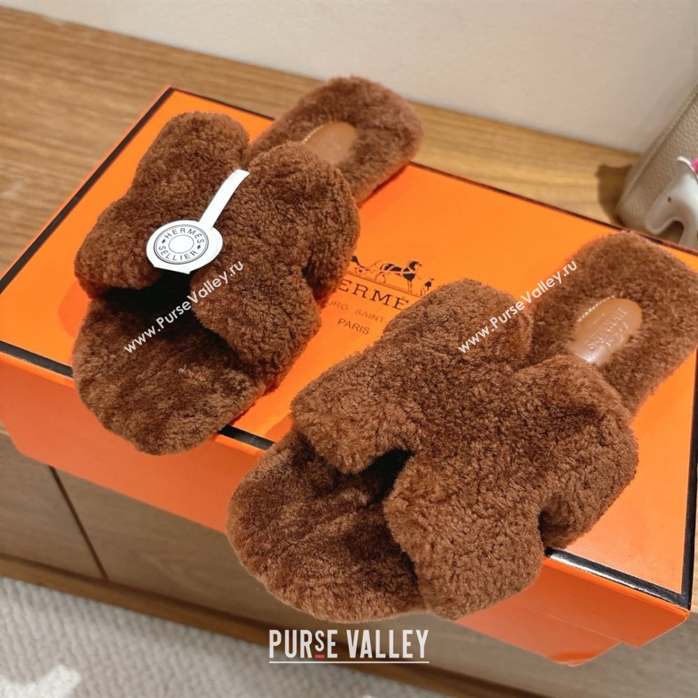 Hermes Oran Sandals in Shearling Wool H101601 Brown 2025 (XC-25101601)