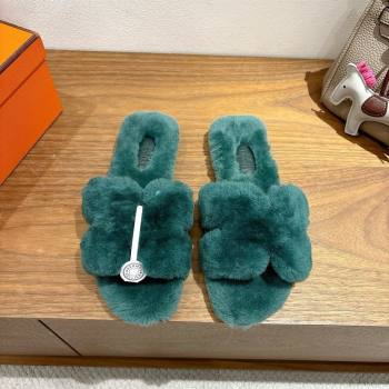 Hermes Oran Sandals in Shearling Wool H101611 Green 2025 (XC-25101611)