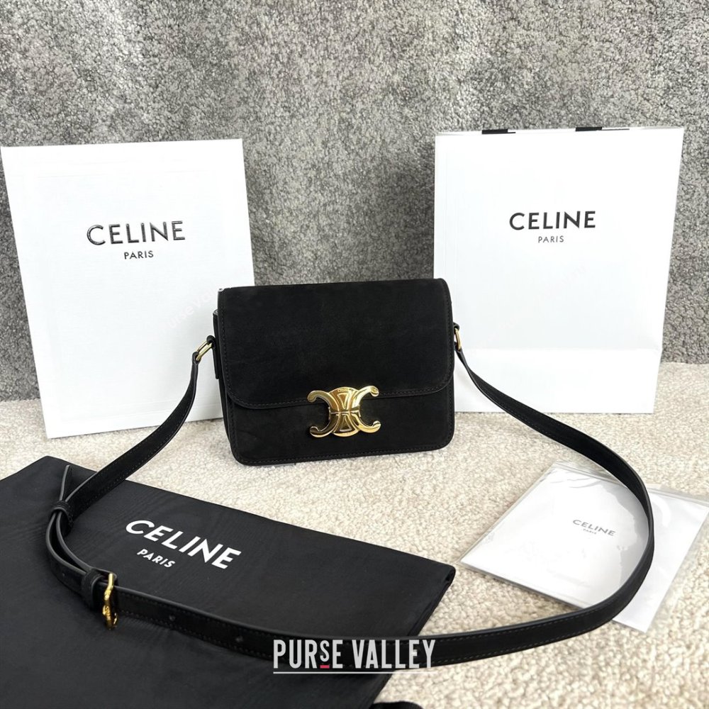 Celine Teen Classique Triomphe Shoulder Bag in Suede Black 2025 188423 (BL-25102401)