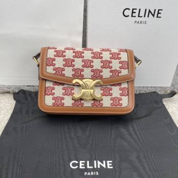 Celine Teen Triomphe Bag in Triomphe Embroidery Canvas Calfskin 188423 Brown/Red 2025 (BL-25102437)