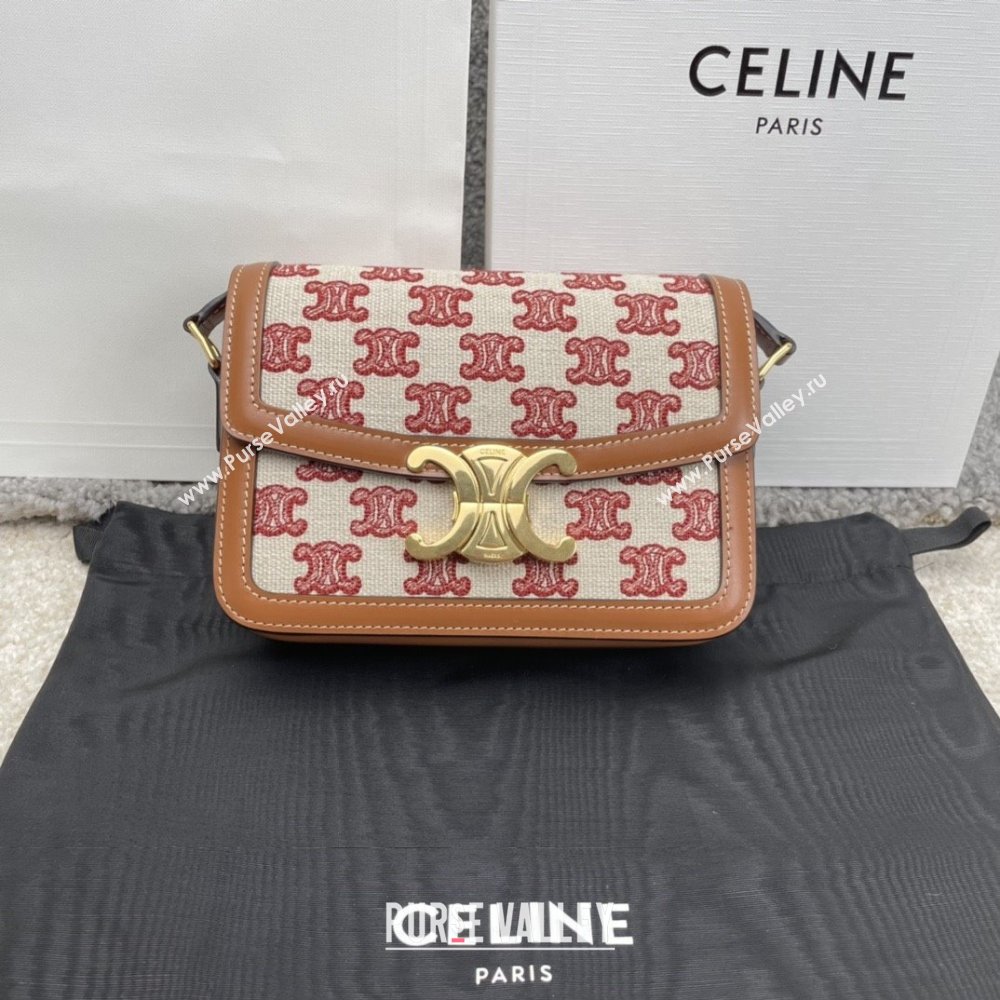 Celine Teen Triomphe Bag in Triomphe Embroidery Canvas Calfskin 188423 Brown/Red 2025 (BL-25102437)
