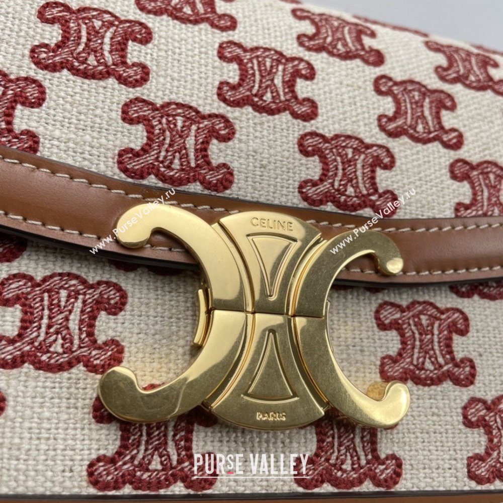 Celine Teen Triomphe Bag in Triomphe Embroidery Canvas Calfskin 188423 Brown/Red 2025 (BL-25102437)