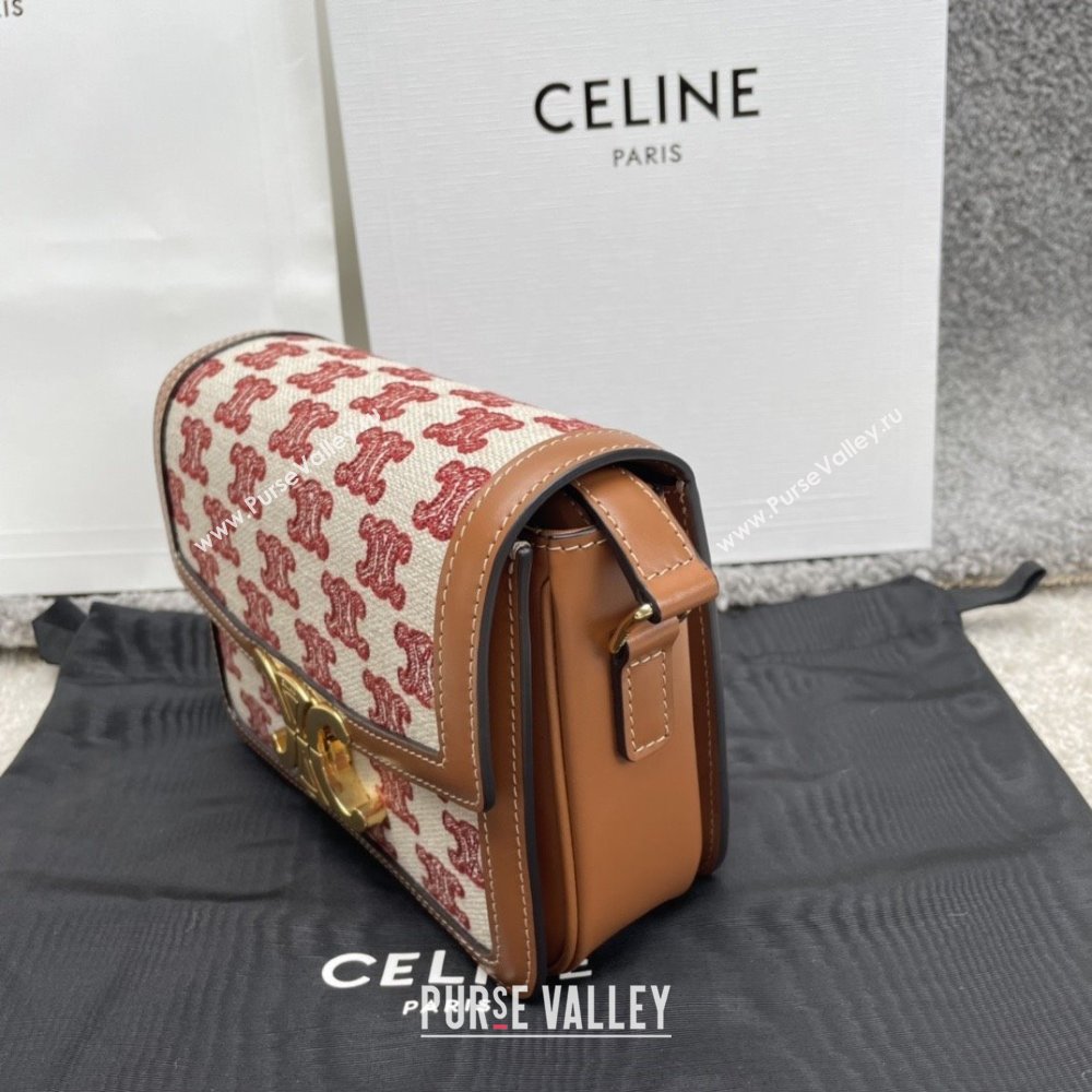 Celine Teen Triomphe Bag in Triomphe Embroidery Canvas Calfskin 188423 Brown/Red 2025 (BL-25102437)