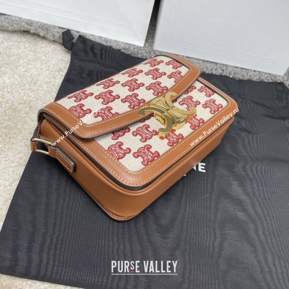 Celine Teen Triomphe Bag in Triomphe Embroidery Canvas Calfskin 188423 Brown/Red 2025 (BL-25102437)