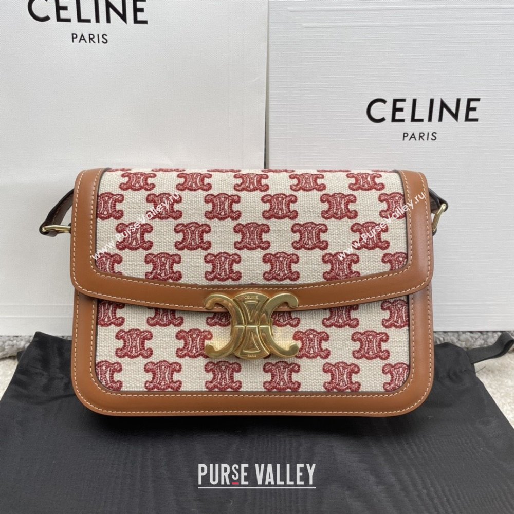 Celine Classique Triomphe Bag in Triomphe Embroidery Canvas Calfskin 187363 Brown/Red 2025 (BL-25102438)
