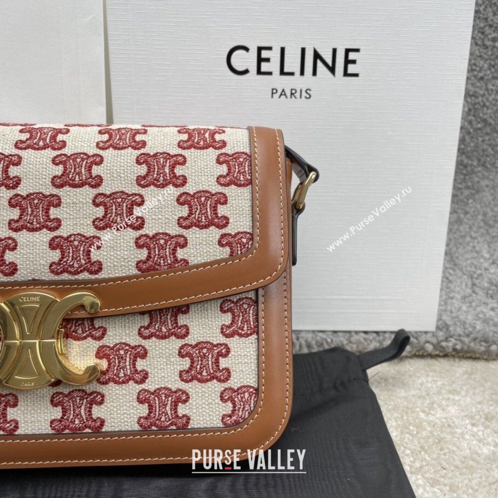 Celine Classique Triomphe Bag in Triomphe Embroidery Canvas Calfskin 187363 Brown/Red 2025 (BL-25102438)