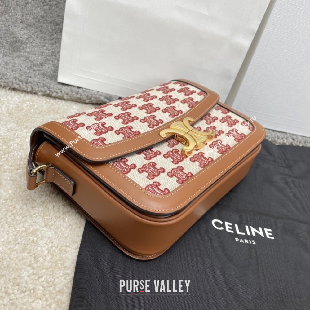 Celine Classique Triomphe Bag in Triomphe Embroidery Canvas Calfskin 187363 Brown/Red 2025 (BL-25102438)