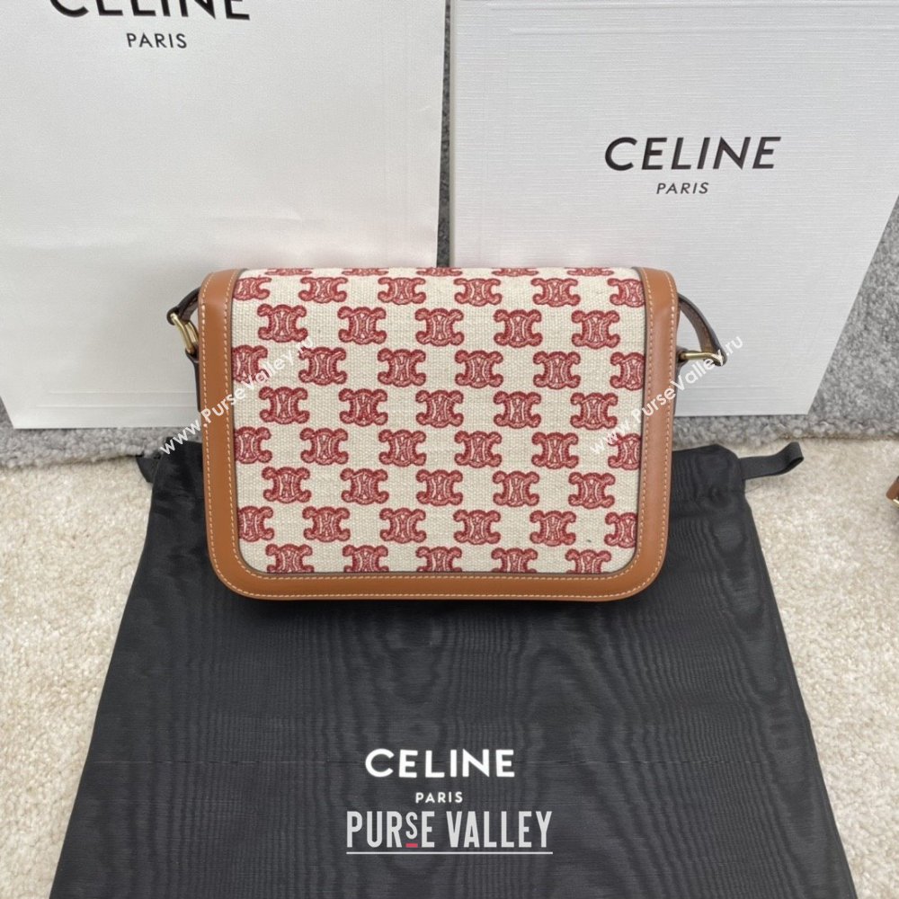 Celine Classique Triomphe Bag in Triomphe Embroidery Canvas Calfskin 187363 Brown/Red 2025 (BL-25102438)