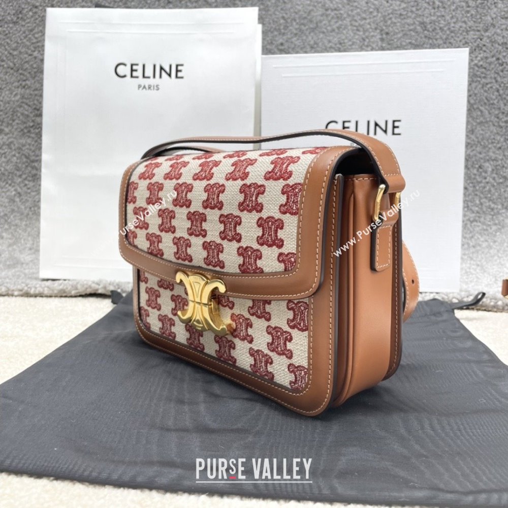 Celine Classique Triomphe Bag in Triomphe Embroidery Canvas Calfskin 187363 Brown/Red 2025 (BL-25102438)