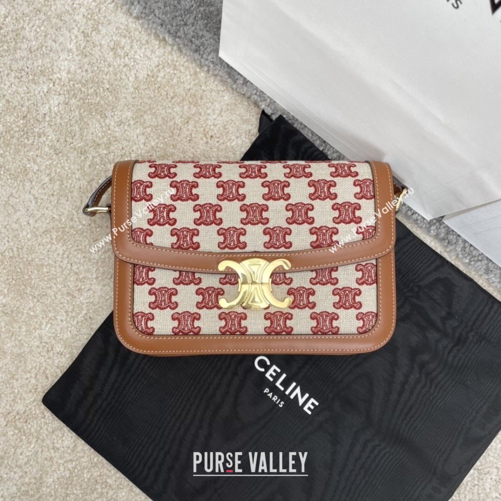 Celine Classique Triomphe Bag in Triomphe Embroidery Canvas Calfskin 187363 Brown/Red 2025 (BL-25102438)