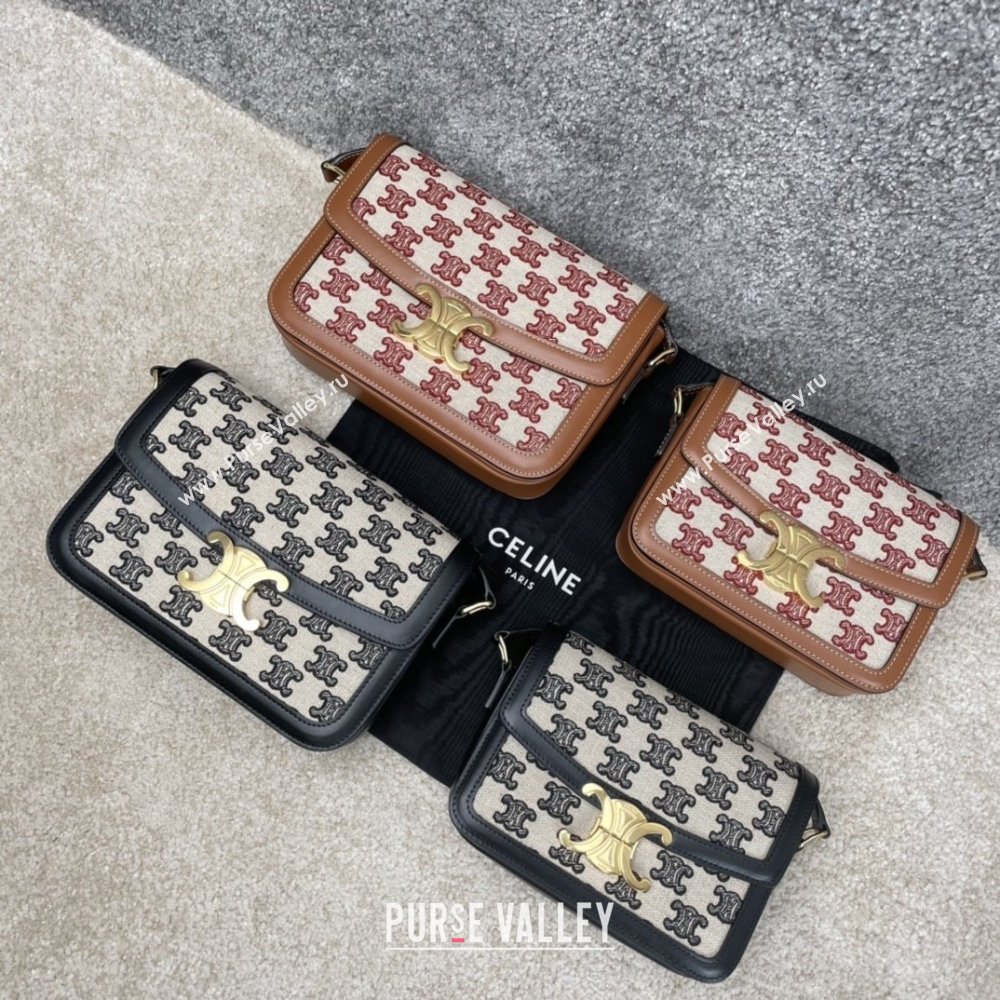 Celine Classique Triomphe Bag in Triomphe Embroidery Canvas Calfskin 187363 Brown/Red 2025 (BL-25102438)