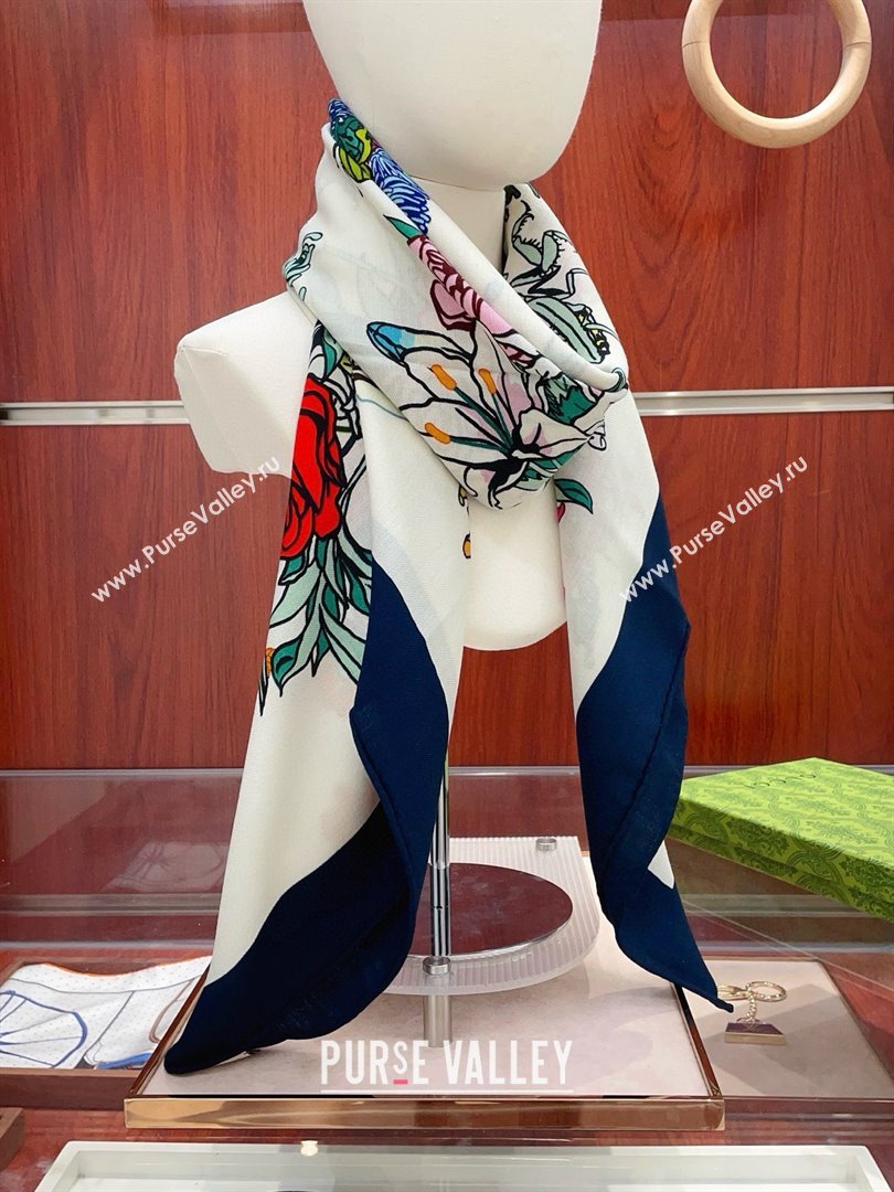 Gucci Cashmere Silk Scarf 140x140 G110612 White/Blue 2025 (O-25110612)