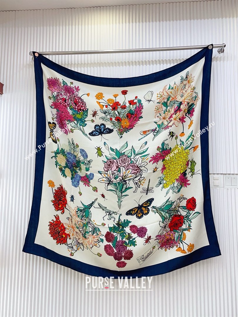 Gucci Cashmere Silk Scarf 140x140 G110612 White/Blue 2025 (O-25110612)