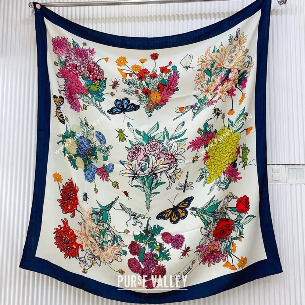 Gucci Cashmere Silk Scarf 140x140 G110612 White/Blue 2025 (O-25110612)