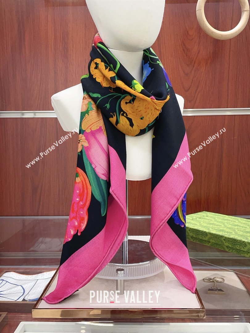 Gucci Cashmere Silk Scarf 140x140 G110613 Black/Pink 2025 (O-25110613)