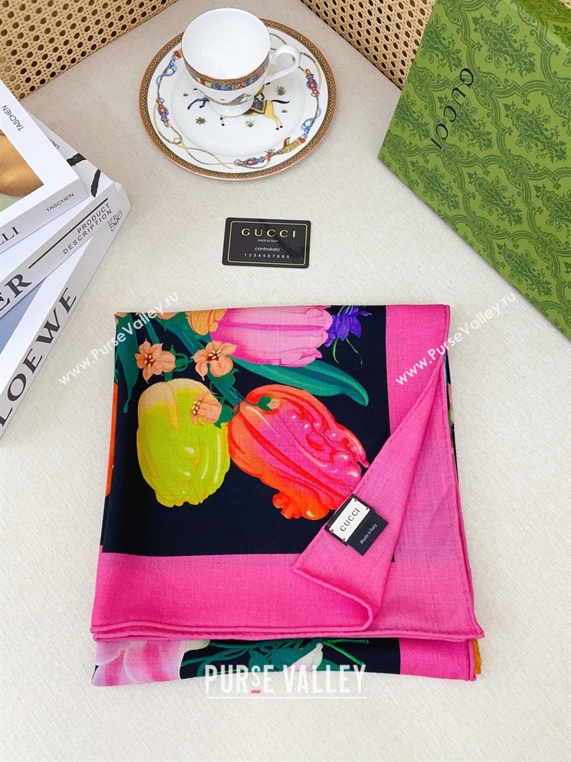 Gucci Cashmere Silk Scarf 140x140 G110613 Black/Pink 2025 (O-25110613)