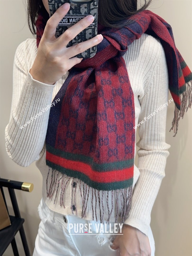 Gucci GG Cashmere Scarf 180x30cm G10506 Red/Blue 2025 (O-25110506)
