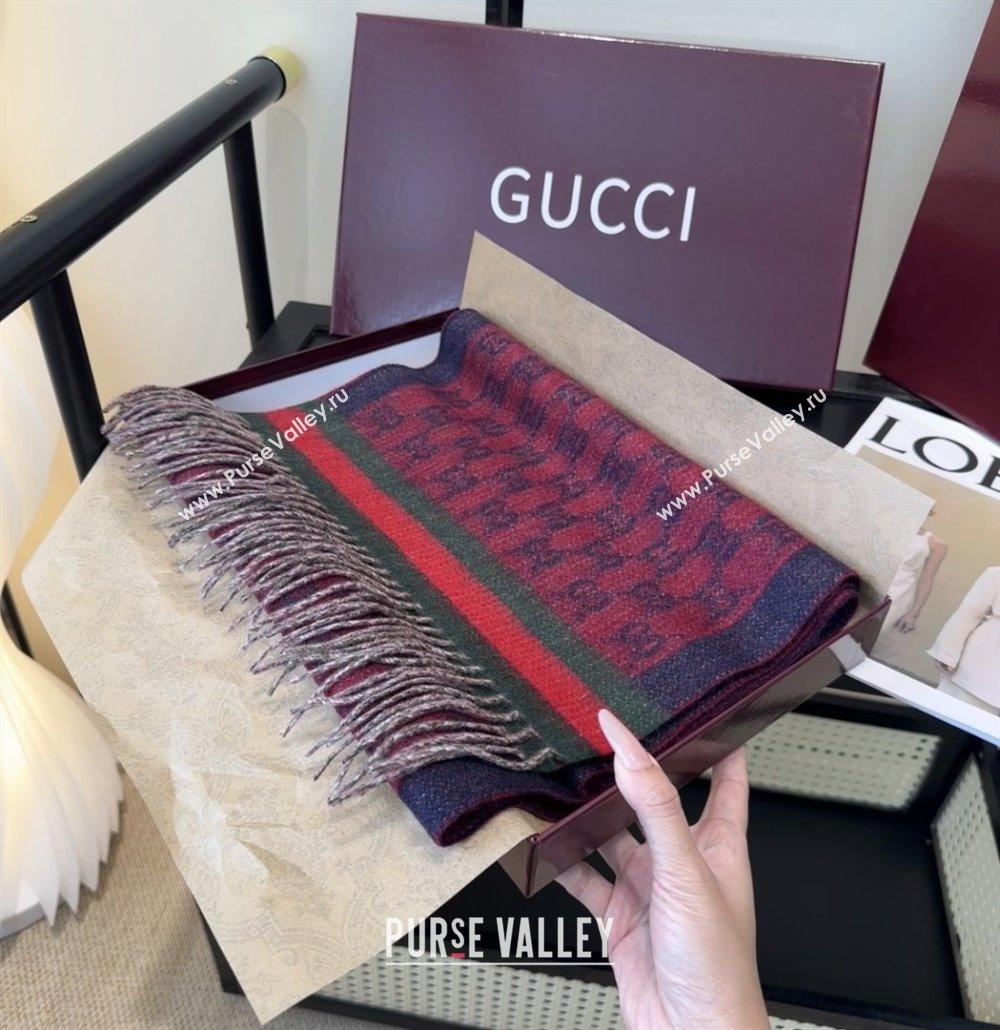Gucci GG Cashmere Scarf 180x30cm G10506 Red/Blue 2025 (O-25110506)