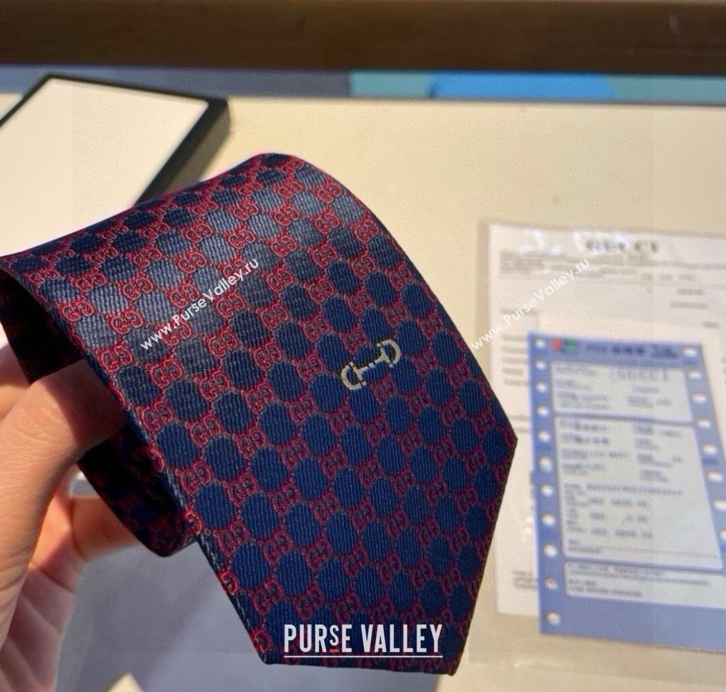 Gucci Mens Silk Tie with Horsebit Blue/Red 2025 GG111202 (XMN-251112012)