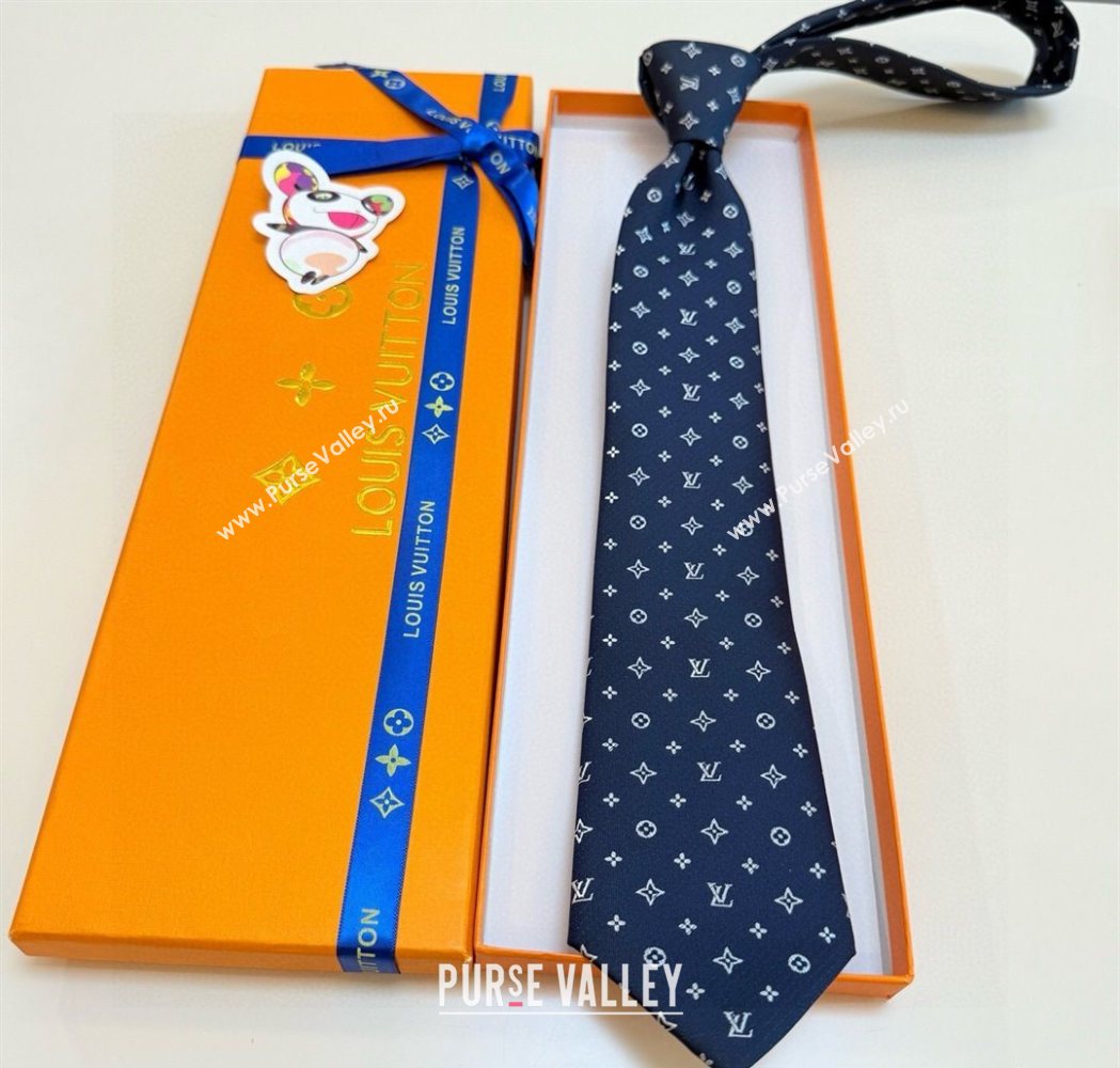 Louis Vuitton Mens Monogram Double Dots Silk Tie Dark Blue 2025 LV111203 (XMN-251112014)