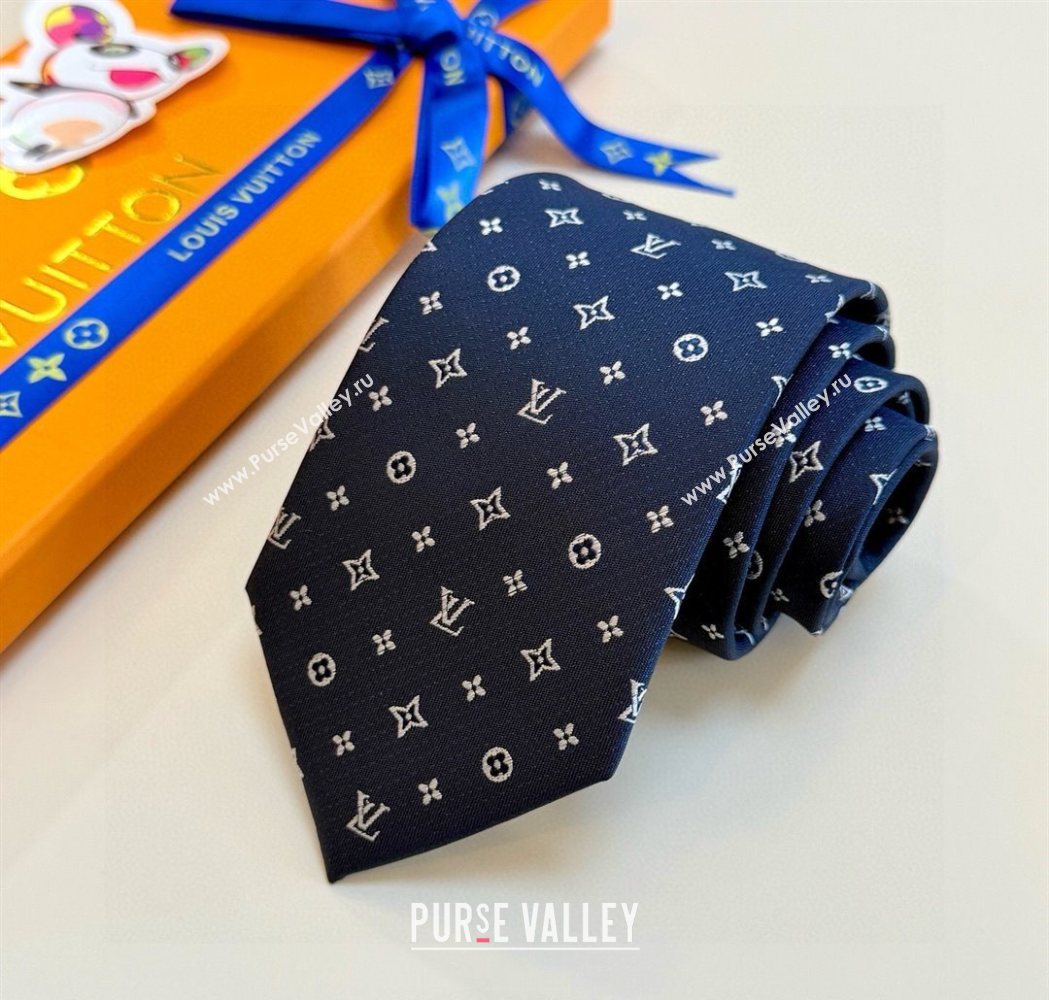 Louis Vuitton Mens Monogram Double Dots Silk Tie Dark Blue 2025 LV111203 (XMN-251112014)