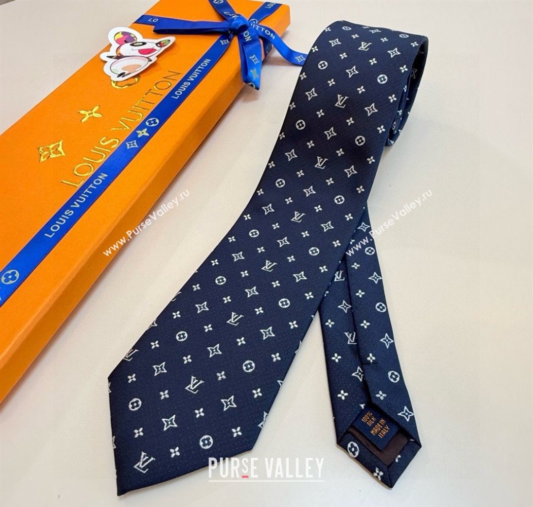 Louis Vuitton Mens Monogram Double Dots Silk Tie Dark Blue 2025 LV111203 (XMN-251112014)
