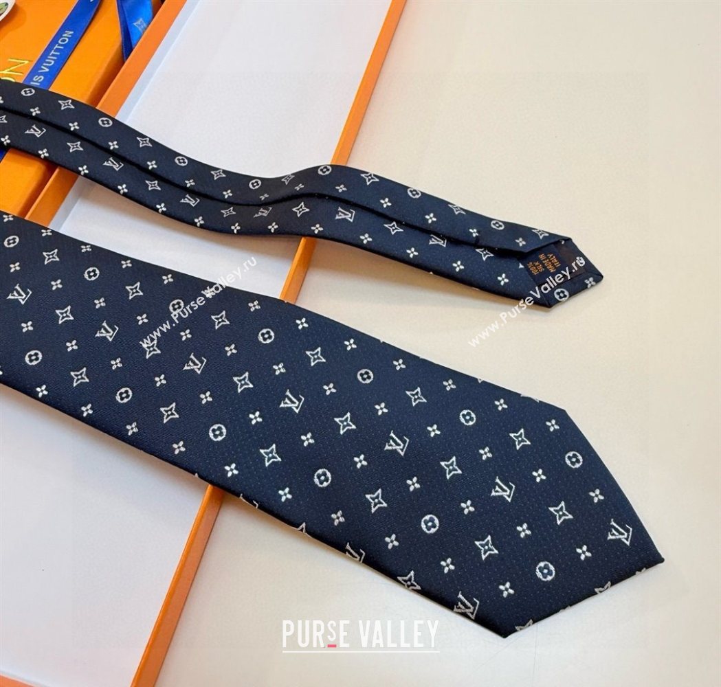 Louis Vuitton Mens Monogram Double Dots Silk Tie Dark Blue 2025 LV111203 (XMN-251112014)