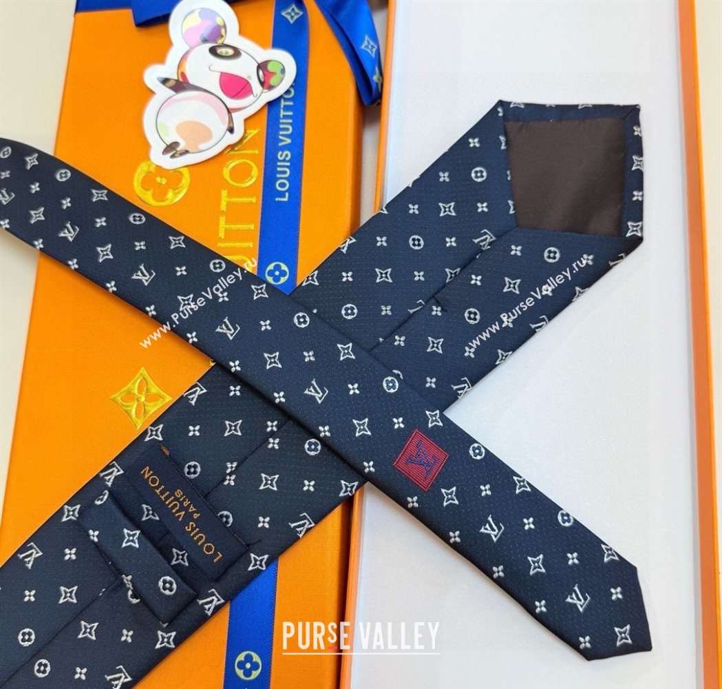 Louis Vuitton Mens Monogram Double Dots Silk Tie Dark Blue 2025 LV111203 (XMN-251112014)