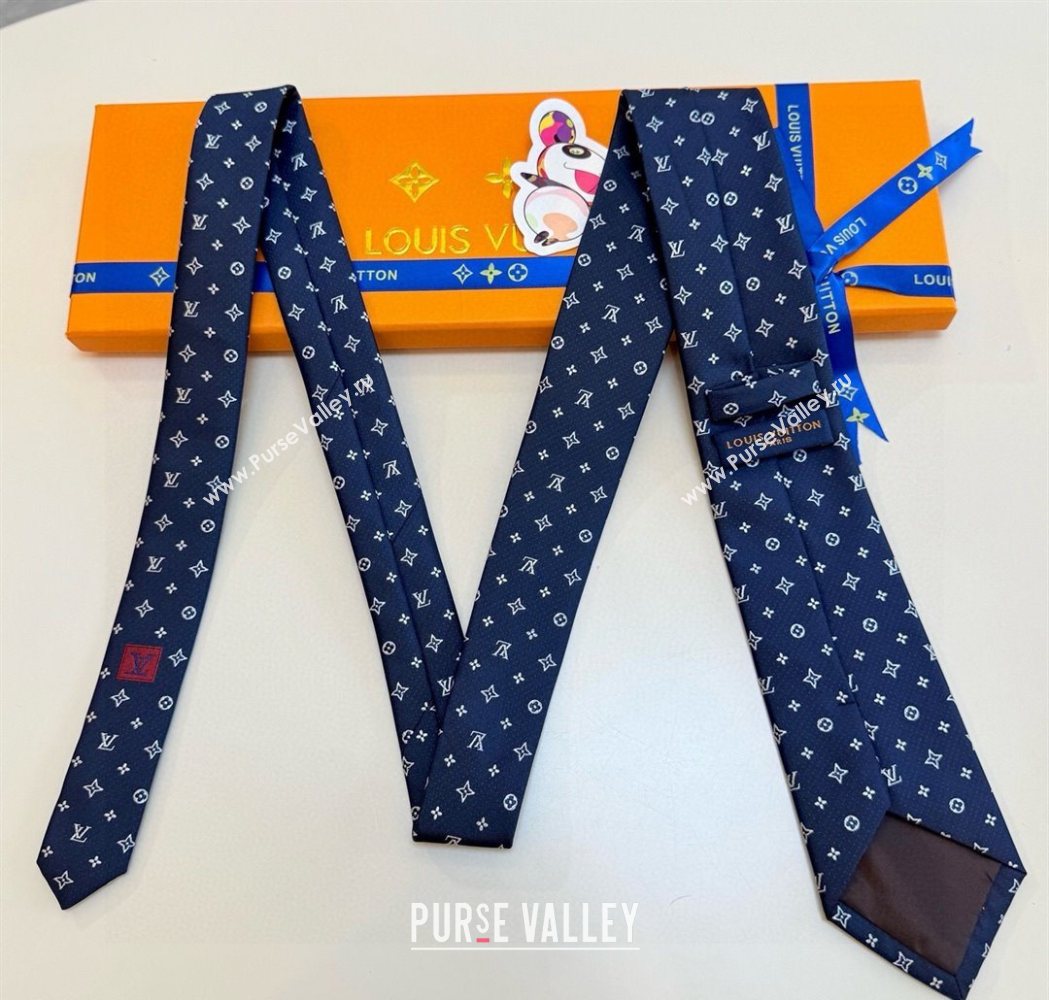 Louis Vuitton Mens Monogram Double Dots Silk Tie Dark Blue 2025 LV111203 (XMN-251112014)