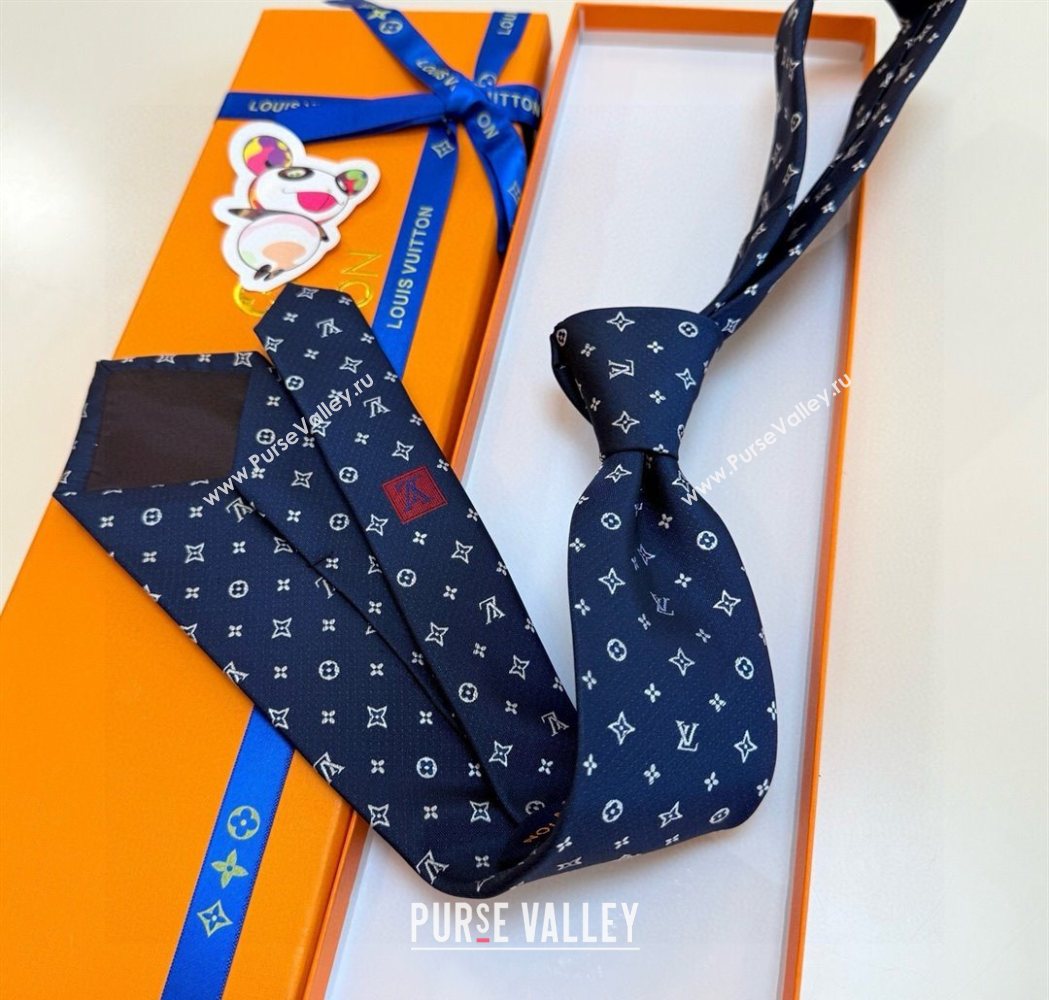 Louis Vuitton Mens Monogram Double Dots Silk Tie Dark Blue 2025 LV111203 (XMN-251112014)