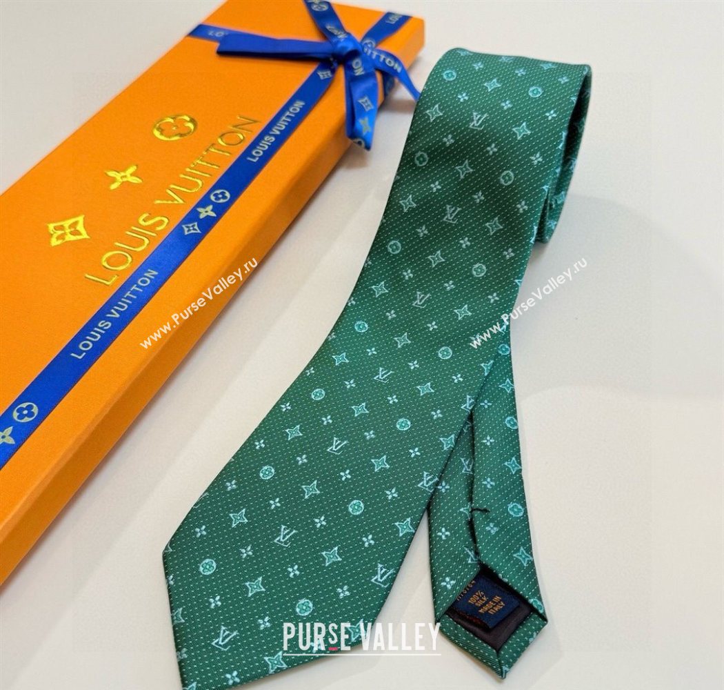 Louis Vuitton Mens Monogram Double Dots Silk Tie Green2 2025 LV111203 (XMN-251112017)