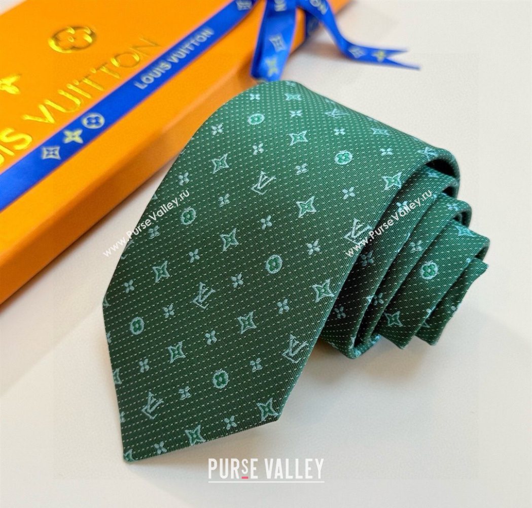 Louis Vuitton Mens Monogram Double Dots Silk Tie Green2 2025 LV111203 (XMN-251112017)