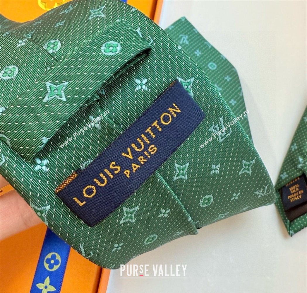 Louis Vuitton Mens Monogram Double Dots Silk Tie Green2 2025 LV111203 (XMN-251112017)