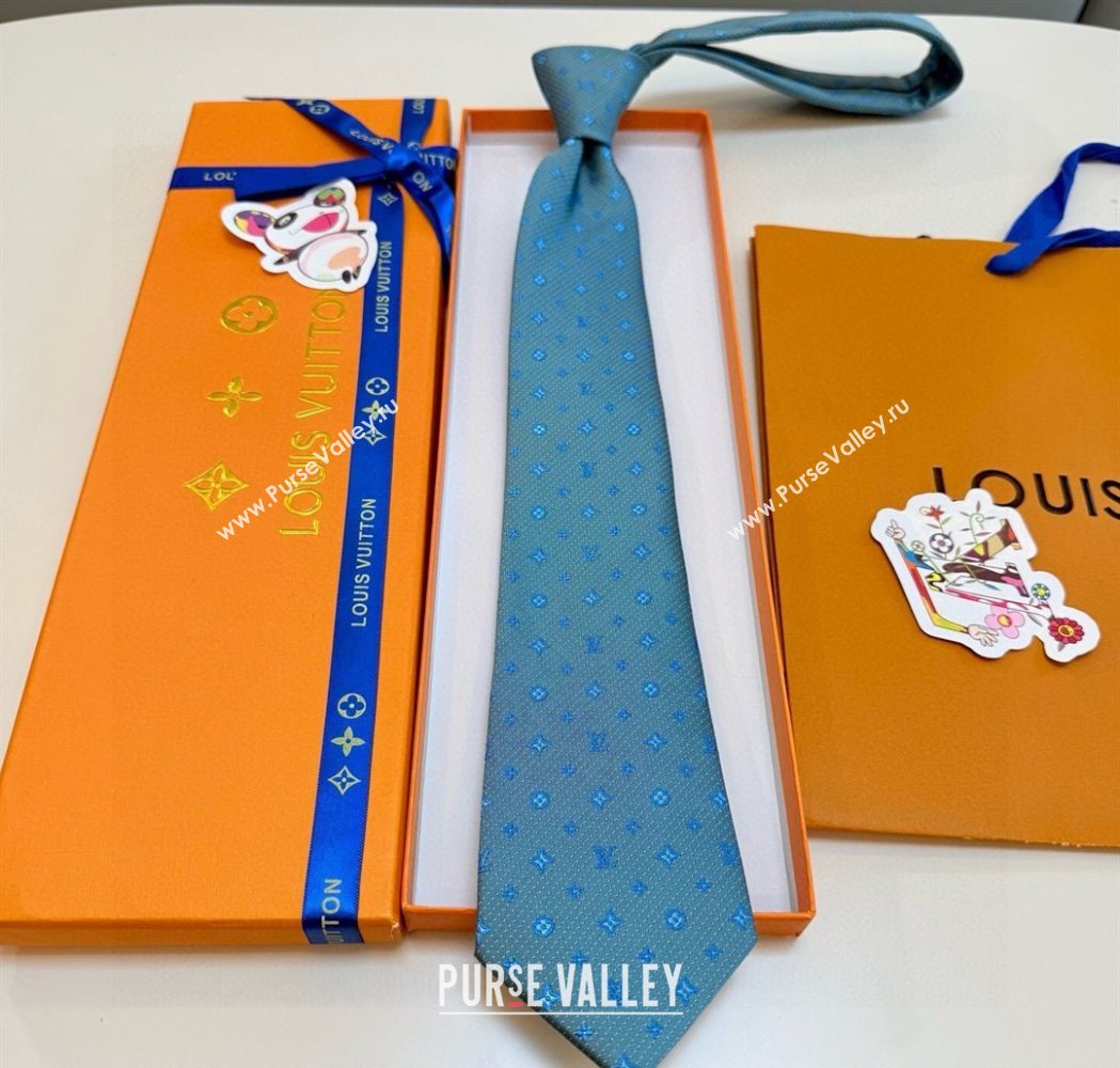 Louis Vuitton Mens Monogram Double Dots Silk Tie Light Blue 2025 LV111203 (XMN-251112019)