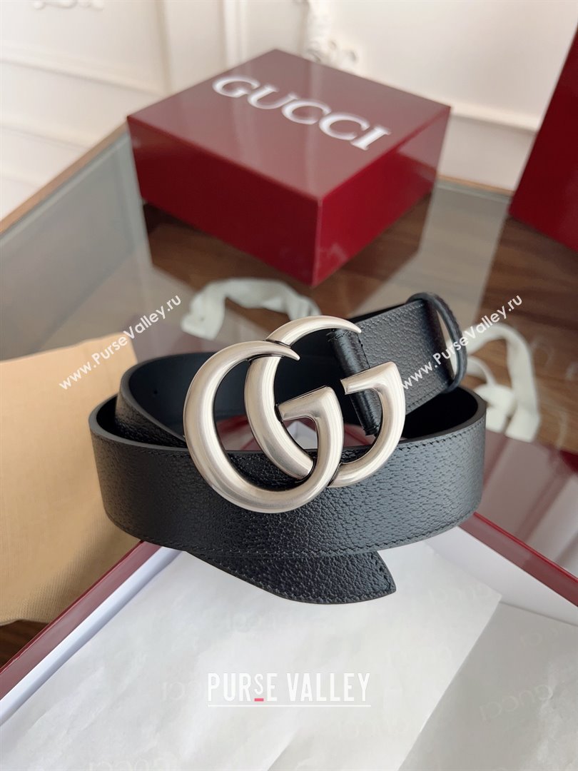 Gucci Grained Calfskin Belt 4cm G111734 Black/Silver 2025 (99-25111734)
