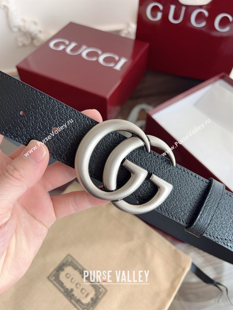 Gucci Grained Calfskin Belt 4cm G111734 Black/Silver 2025 (99-25111734)