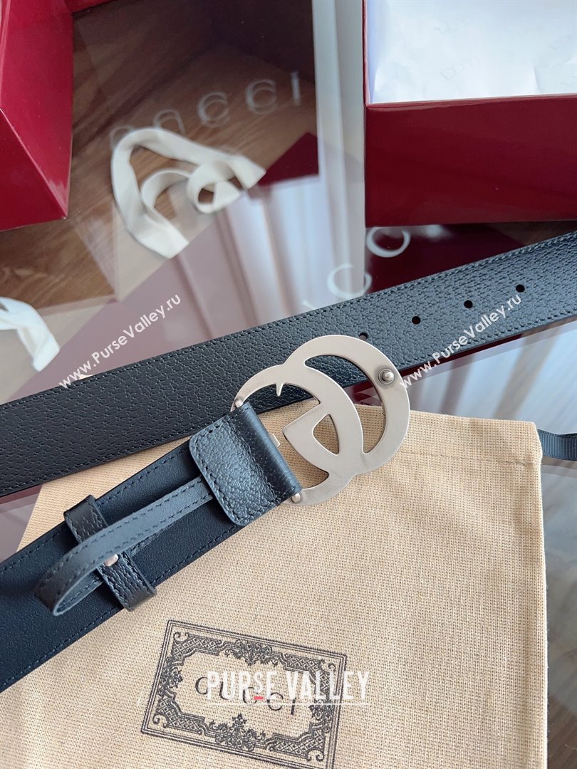Gucci Grained Calfskin Belt 4cm G111734 Black/Silver 2025 (99-25111734)