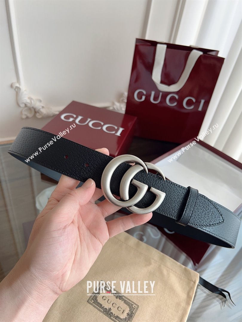 Gucci Grained Calfskin Belt 4cm G111734 Black/Silver 2025 (99-25111734)