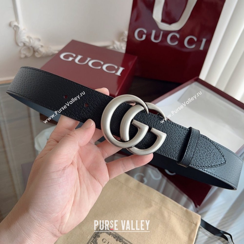 Gucci Grained Calfskin Belt 4cm G111734 Black/Silver 2025 (99-25111734)