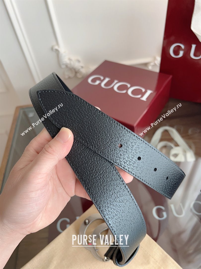 Gucci Grained Calfskin Belt 4cm G111734 Black/Silver 2025 (99-25111734)
