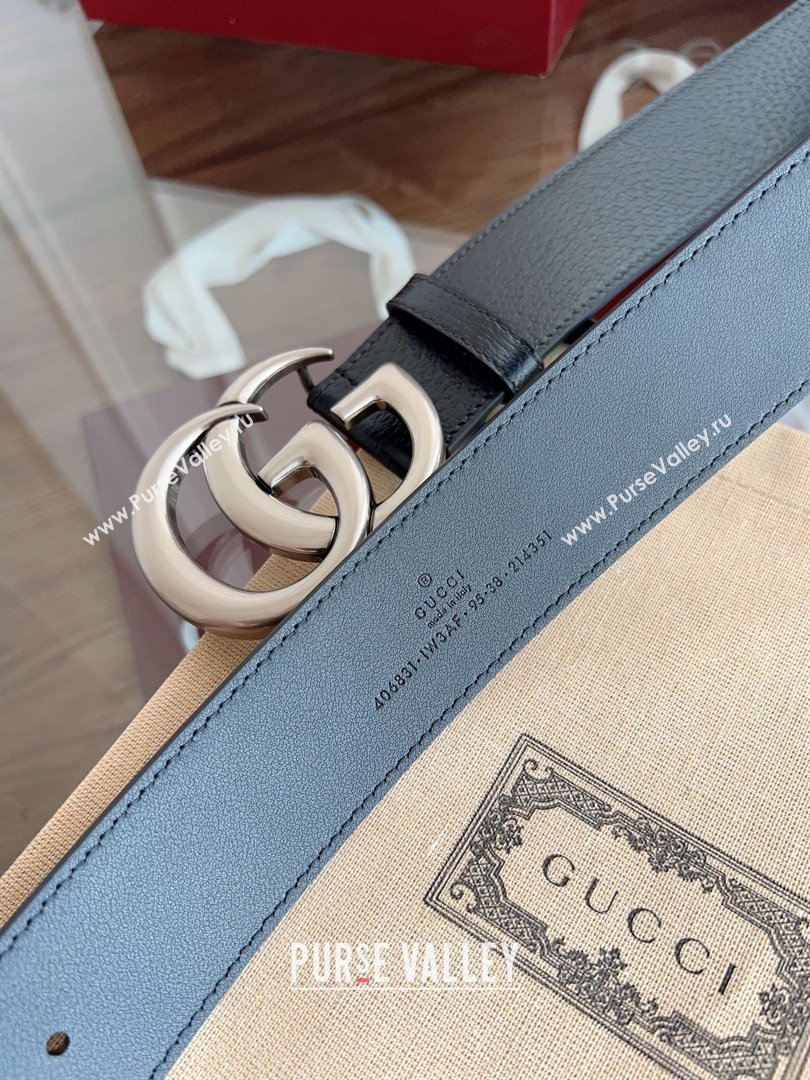 Gucci Grained Calfskin Belt 4cm G111734 Black/Silver 2025 (99-25111734)