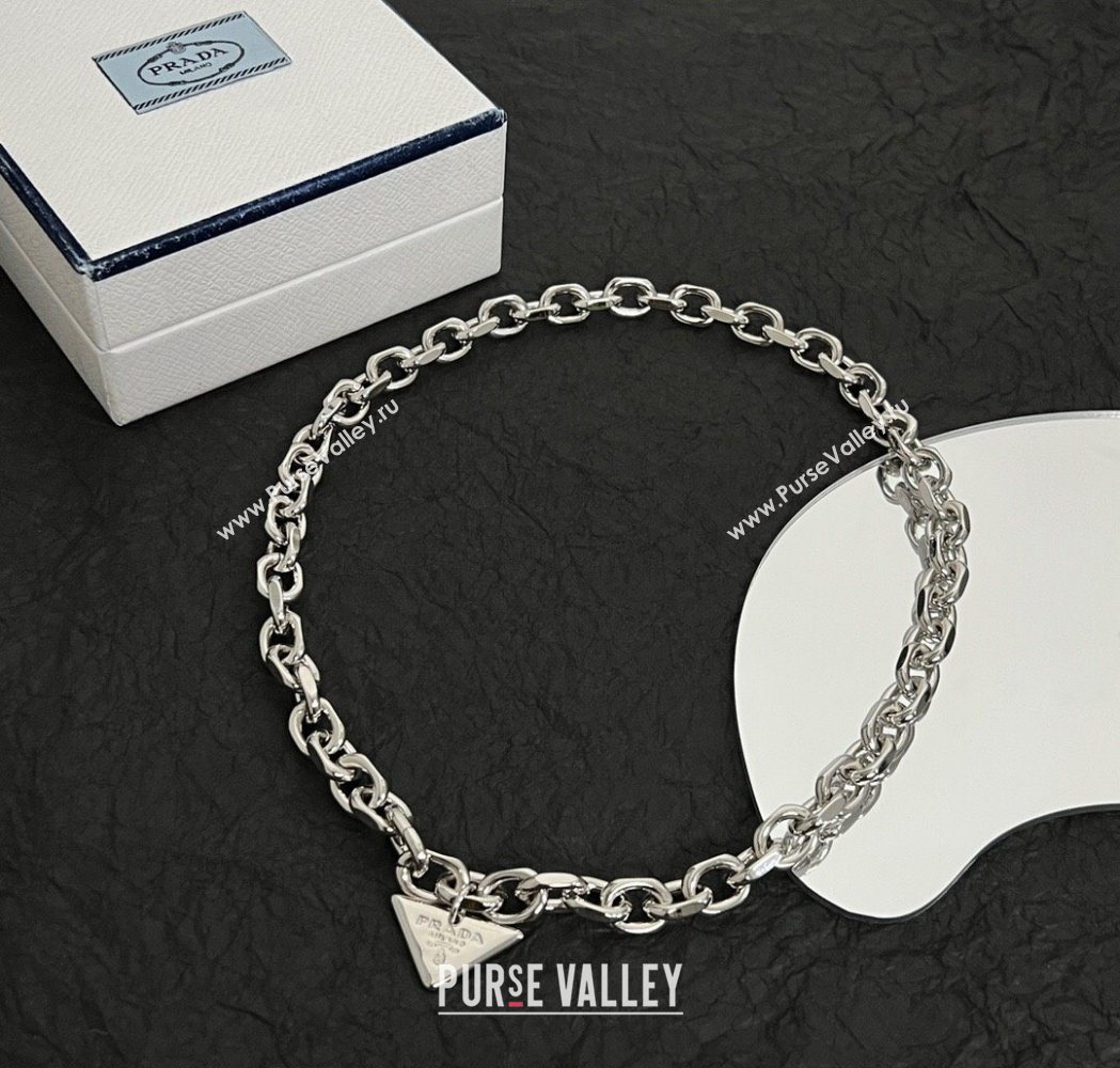 Prada Chain Logo Pendant Necklace Silver 2025 1112 (YF-251112150)
