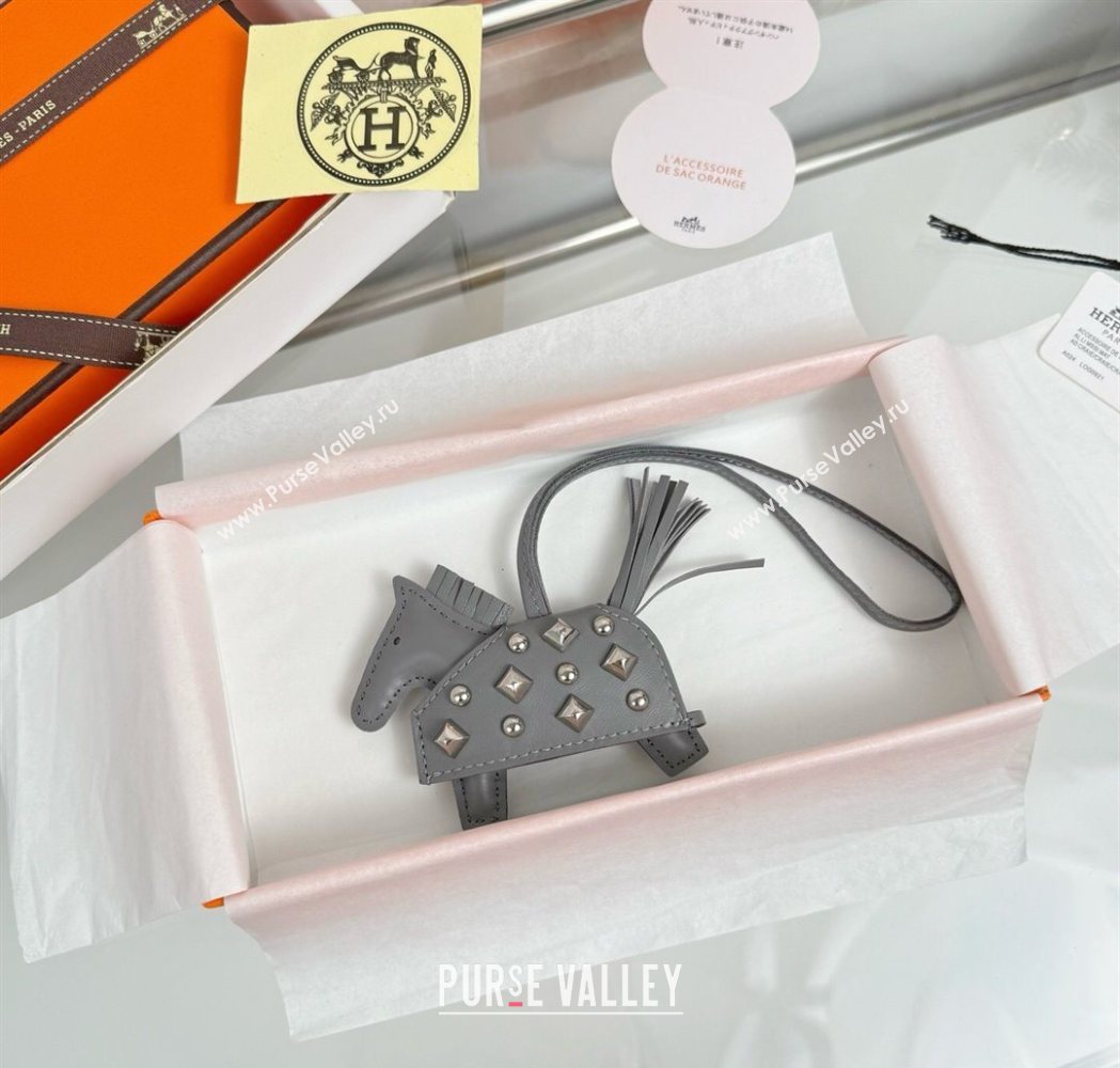 Hermes Rodeo Robeo Coeur Horse Bag Charm in Lambskin Leather with Studs Grey 2025 (HY-251113154)