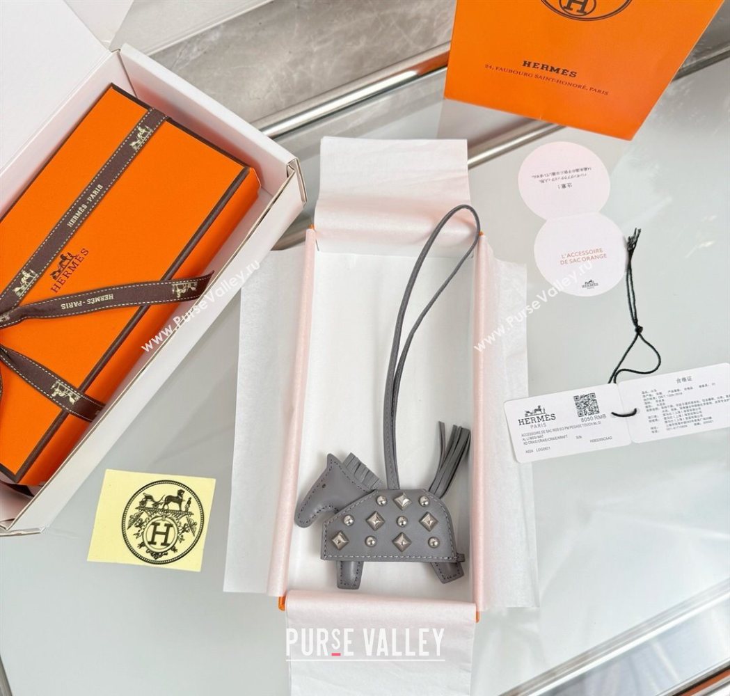 Hermes Rodeo Robeo Coeur Horse Bag Charm in Lambskin Leather with Studs Grey 2025 (HY-251113154)