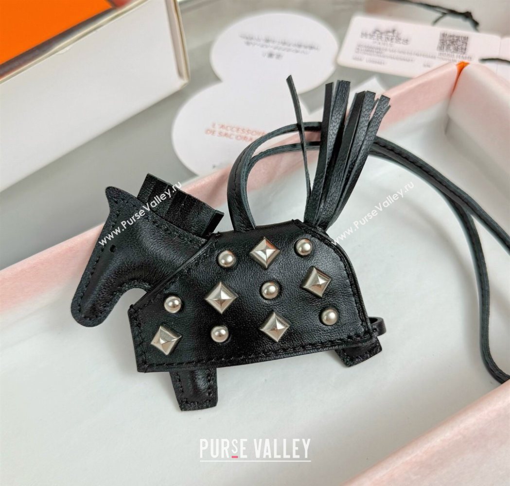 Hermes Rodeo Robeo Coeur Horse Bag Charm in Lambskin Leather with Studs Black/Silver 2025 (HY-251113155)
