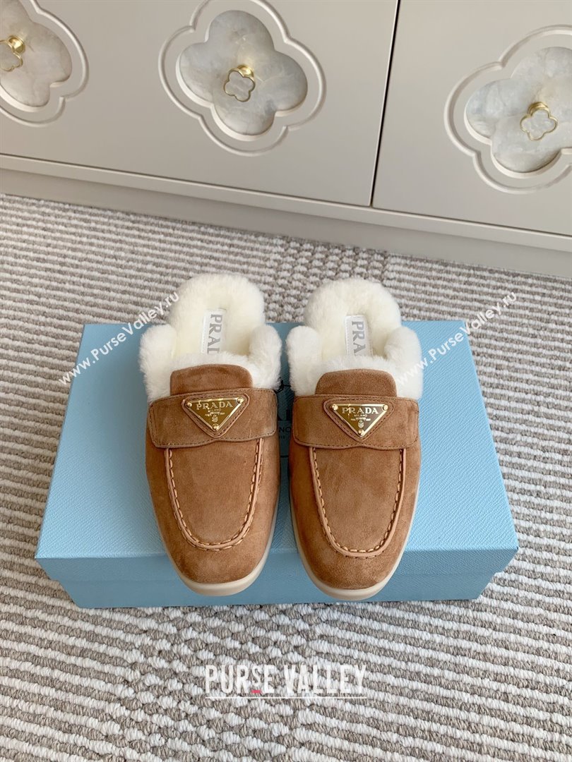 Prada Suede and Shearling Mules P112005 Light Brown 2025 (Women and Men) (LM-25112005)