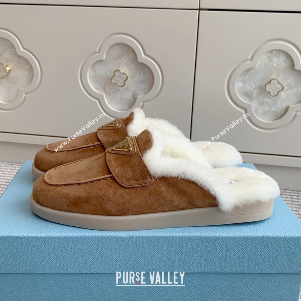 Prada Suede and Shearling Mules P112005 Light Brown 2025 (Women and Men) (LM-25112005)