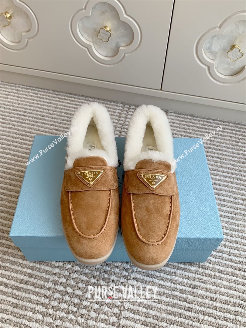 Prada Suede and Shearling Loafers P112006 Light Brown 2025 (Women and Men) (LM-25112006)