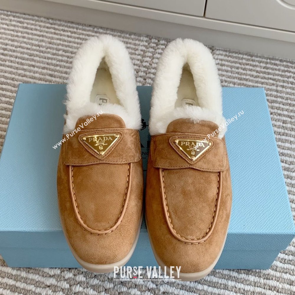 Prada Suede and Shearling Loafers P112006 Light Brown 2025 (Women and Men) (LM-25112006)